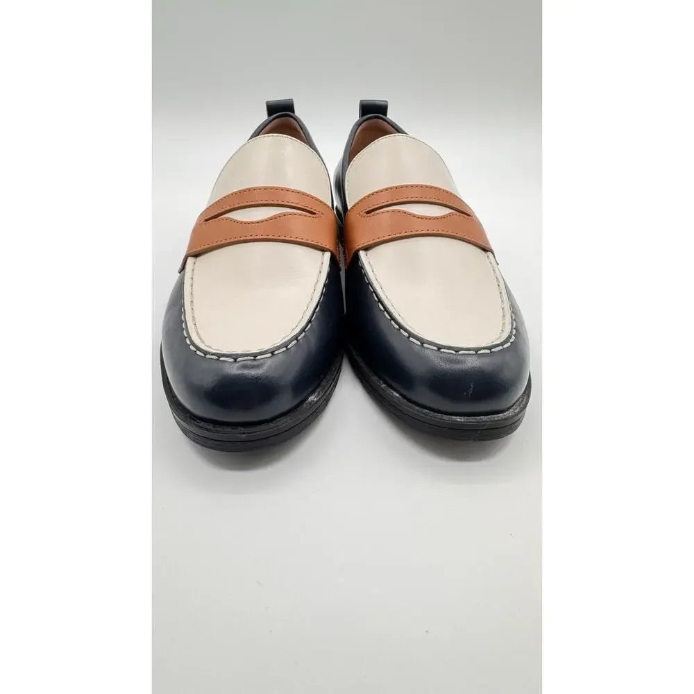 Cole Haan Shoes Womens Size 8 Navy White Pecan Leather Stassi Penny Loafers